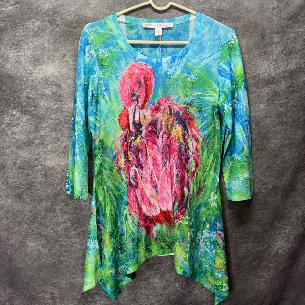 Leoma Lovegrove Flamingo Graphic Sharkbite Tunic Top Size S Art to Wear